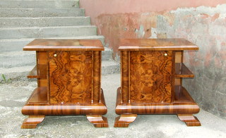 Pair of walnut veneered art deco bedside cabinets.